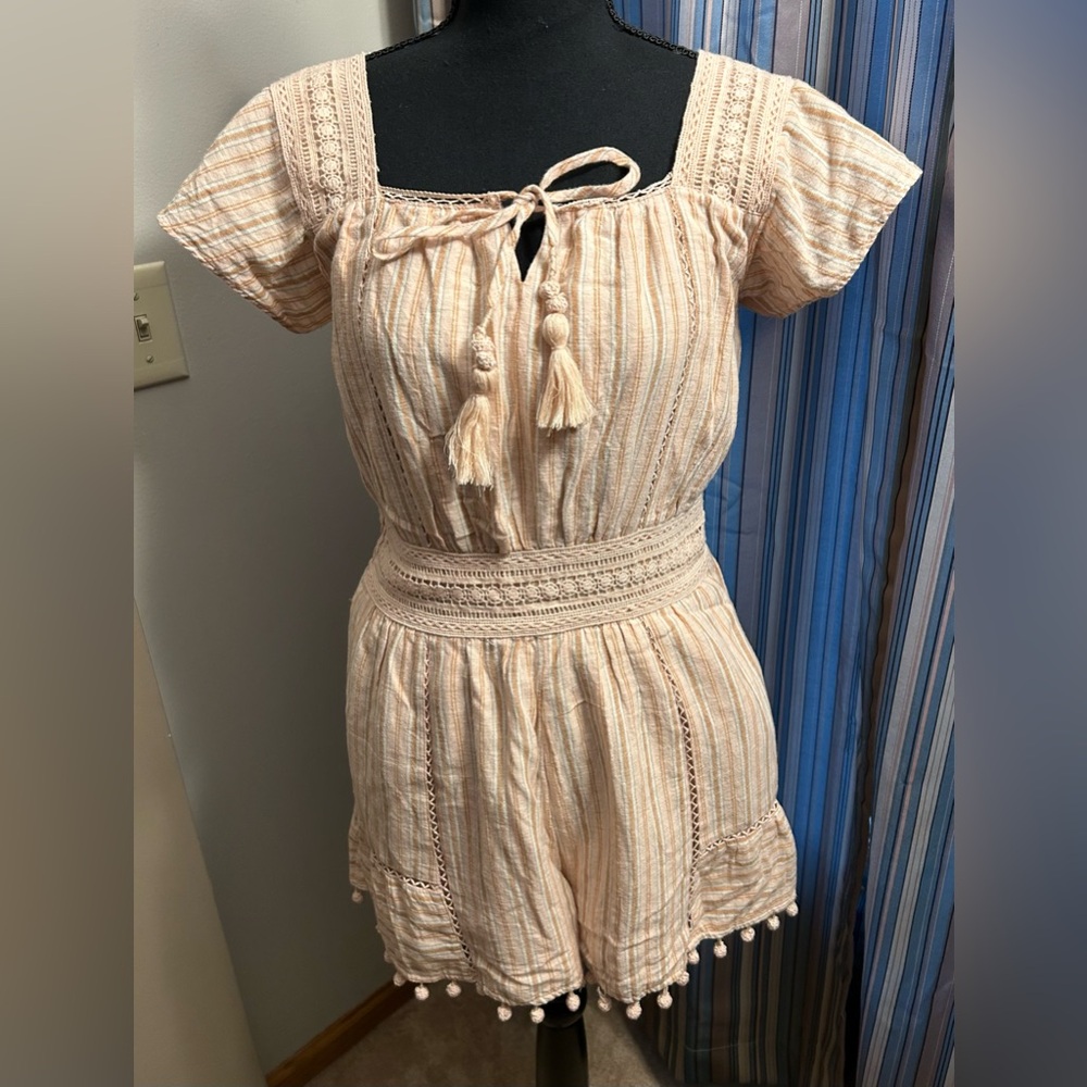 American Eagle Outfitters Peach Striped Short Sleeve Romper with Tassels